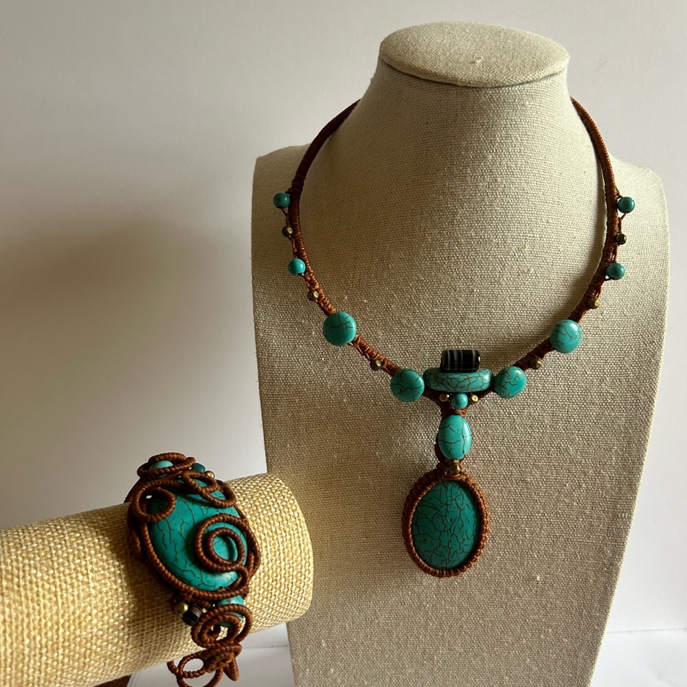 New Artisan Handmade Macrame Turquoise Bead Necklace Bracelet Matching Boho